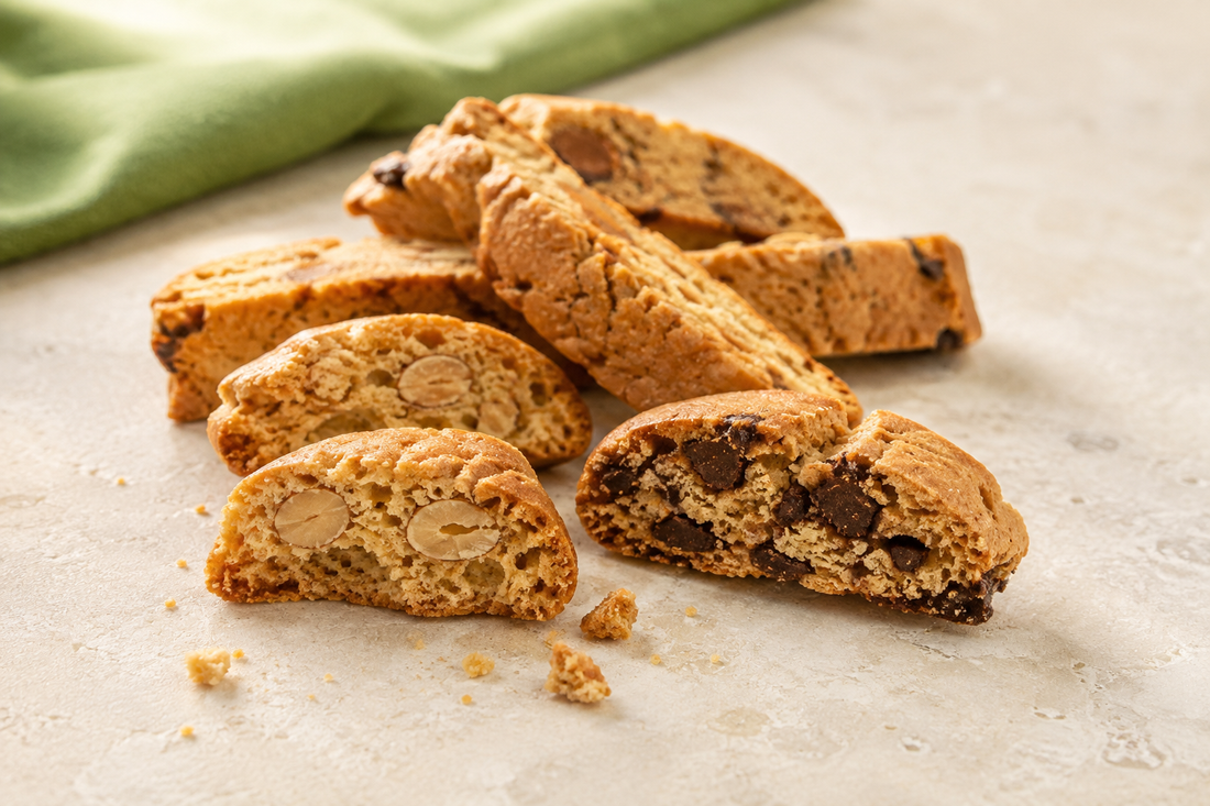 Aufgebrochene Cantuccini mit Mandeln und Schokolade aus der Konfiserie Achter