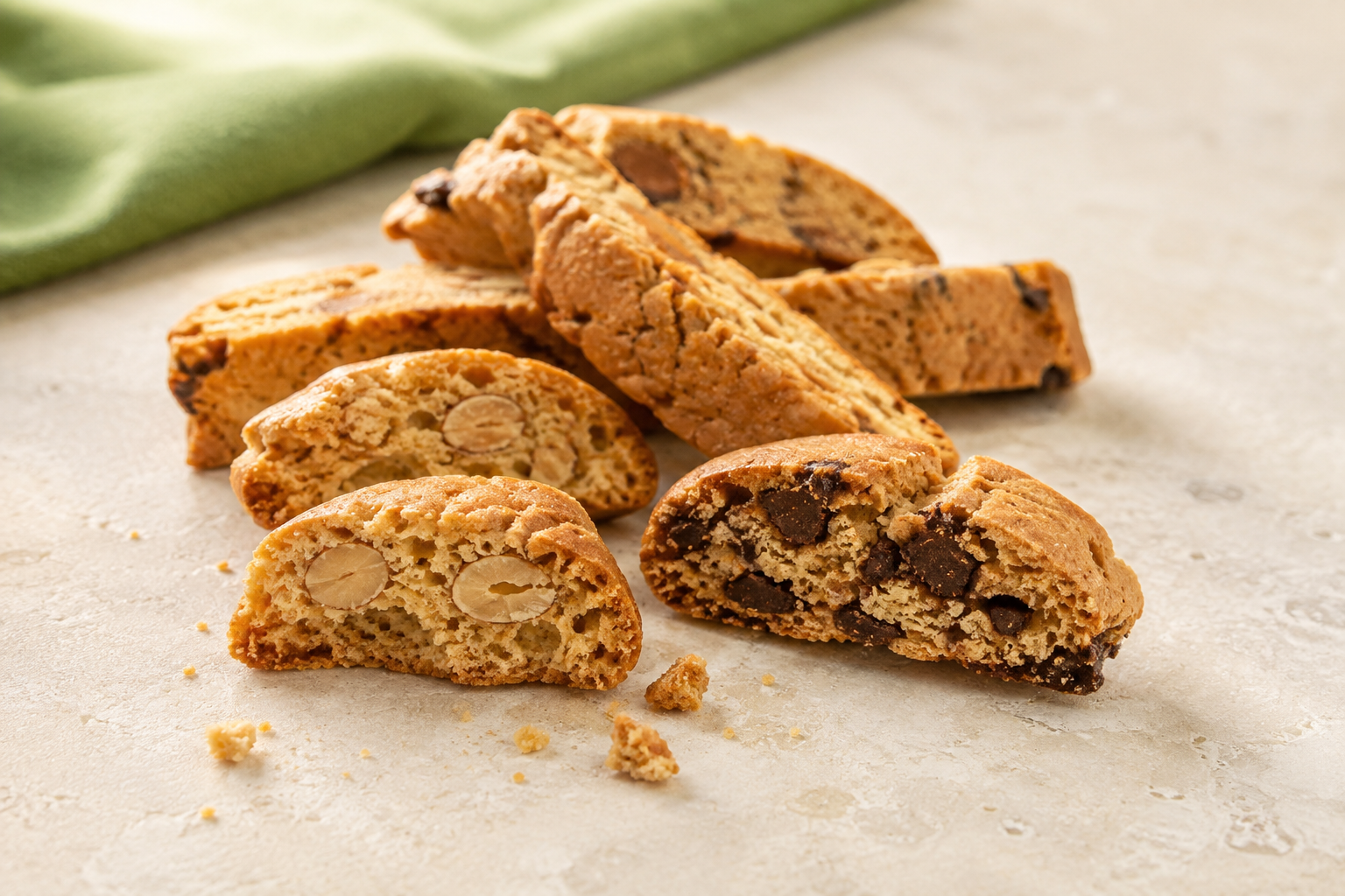 Aufgebrochene Cantuccini mit Mandeln und Schokolade aus der Konfiserie Achter