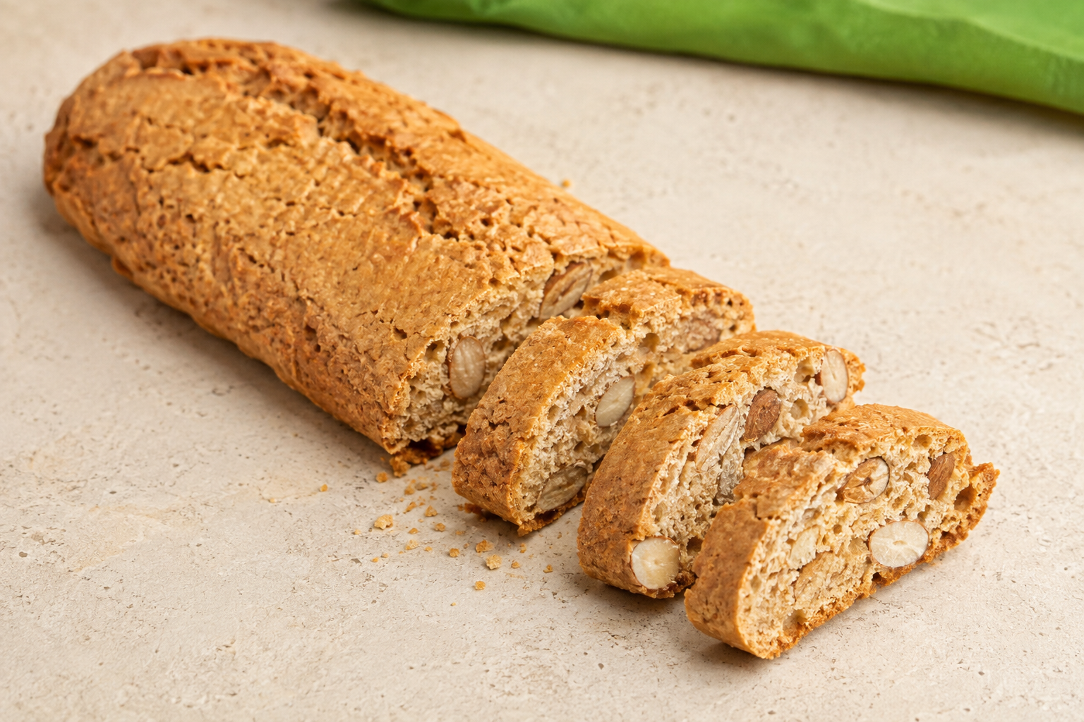 Frisch geschnittener Cantuccini-Laib mit handgemachten Mandel-Cantuccini