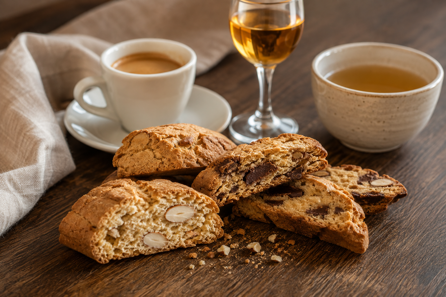 aufgebrochenen Mandel- und Schokoladen-Cantuccini, sichtbarer mürber Struktur sowie Kaffee, Tee und Dessertwein im Hintergrund
