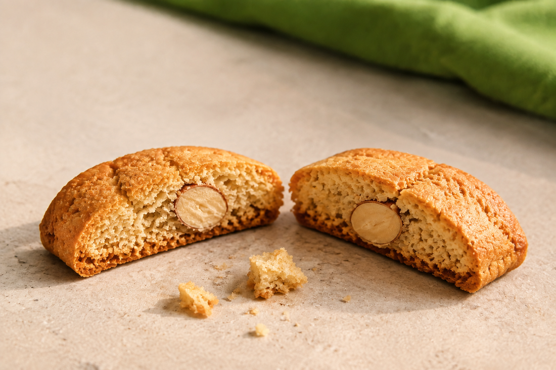 Aufgebrochene knusprig-mürbe Cantuccini mit Mandeln und feinen Krümeln