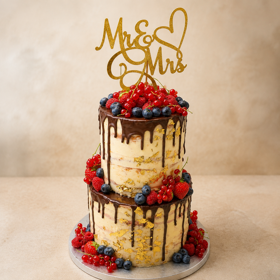 Zweistöckige Hochzeitstorte mit Beeren und Gold