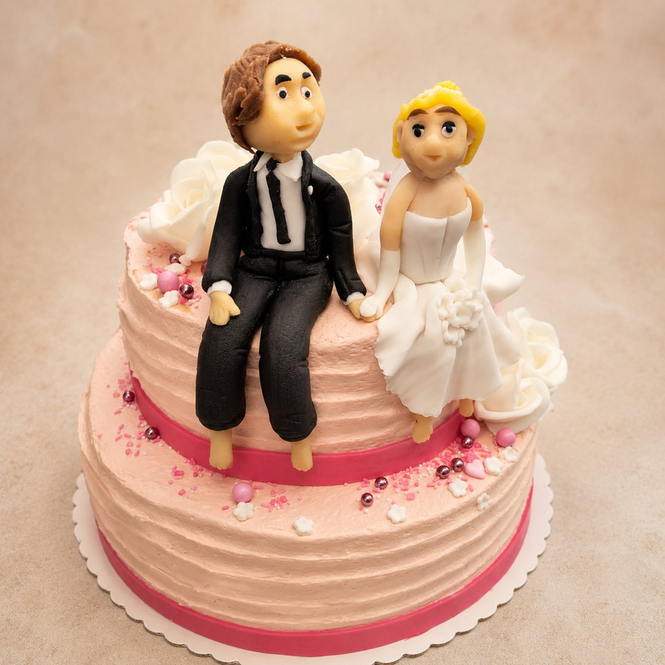 Hochzeitstorte mit sitzendem Brautpaar