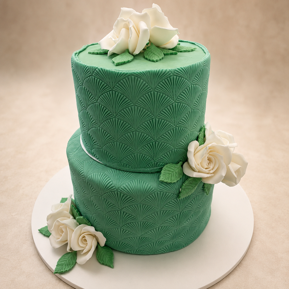 Zweistöckige Torte in Salbeigrün mit weißen Rosen